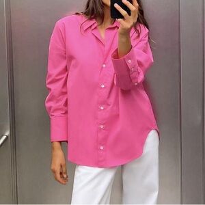 ZARA France Basic Poplin Button down Shirt - Hot Pink Size Large NWT